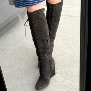 Stuart Weitzman knee high gray suede boots 6.5M riding equestrian wedged lace up